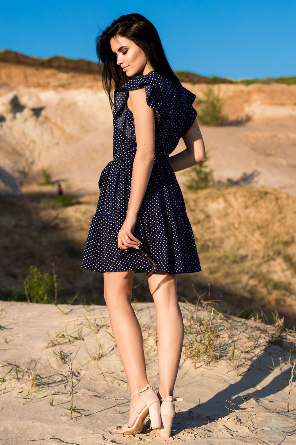 Dot Ruffle Hem Belted Dress High Waist Womens Mini Dress